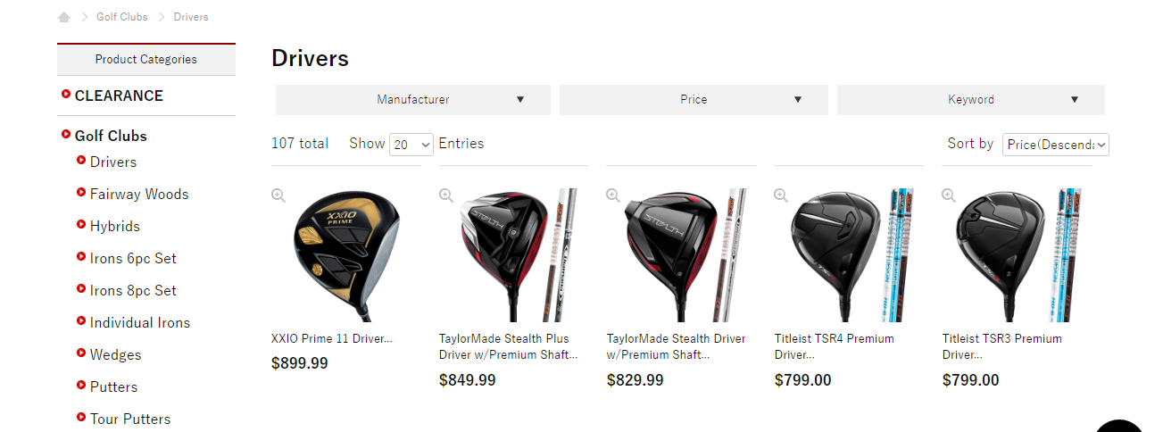 A selection of premium golf drivers and prices.